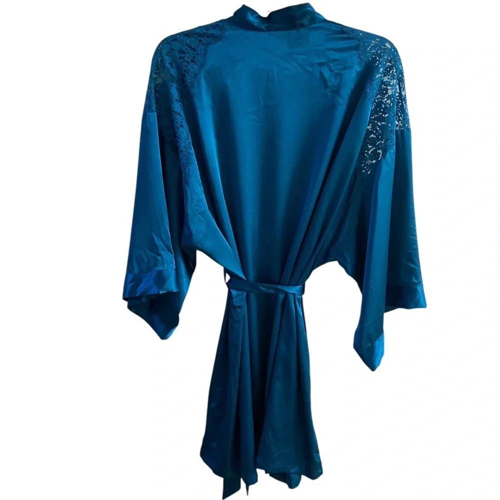 Victoria's Secret Teal Satin Lace-Trim Kimono Robe NWT